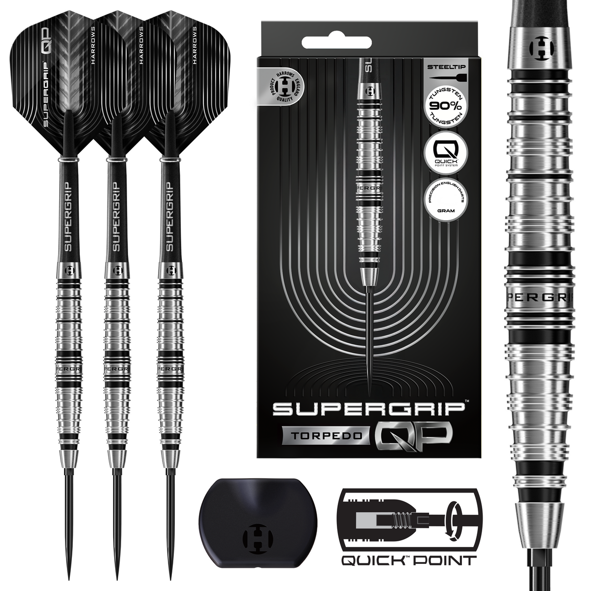 Supergrip Torpedo QP darts with packaging and additional darts on a white background