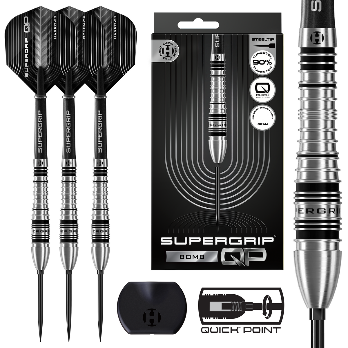 Supergrip darts with packaging and accessories on a white background