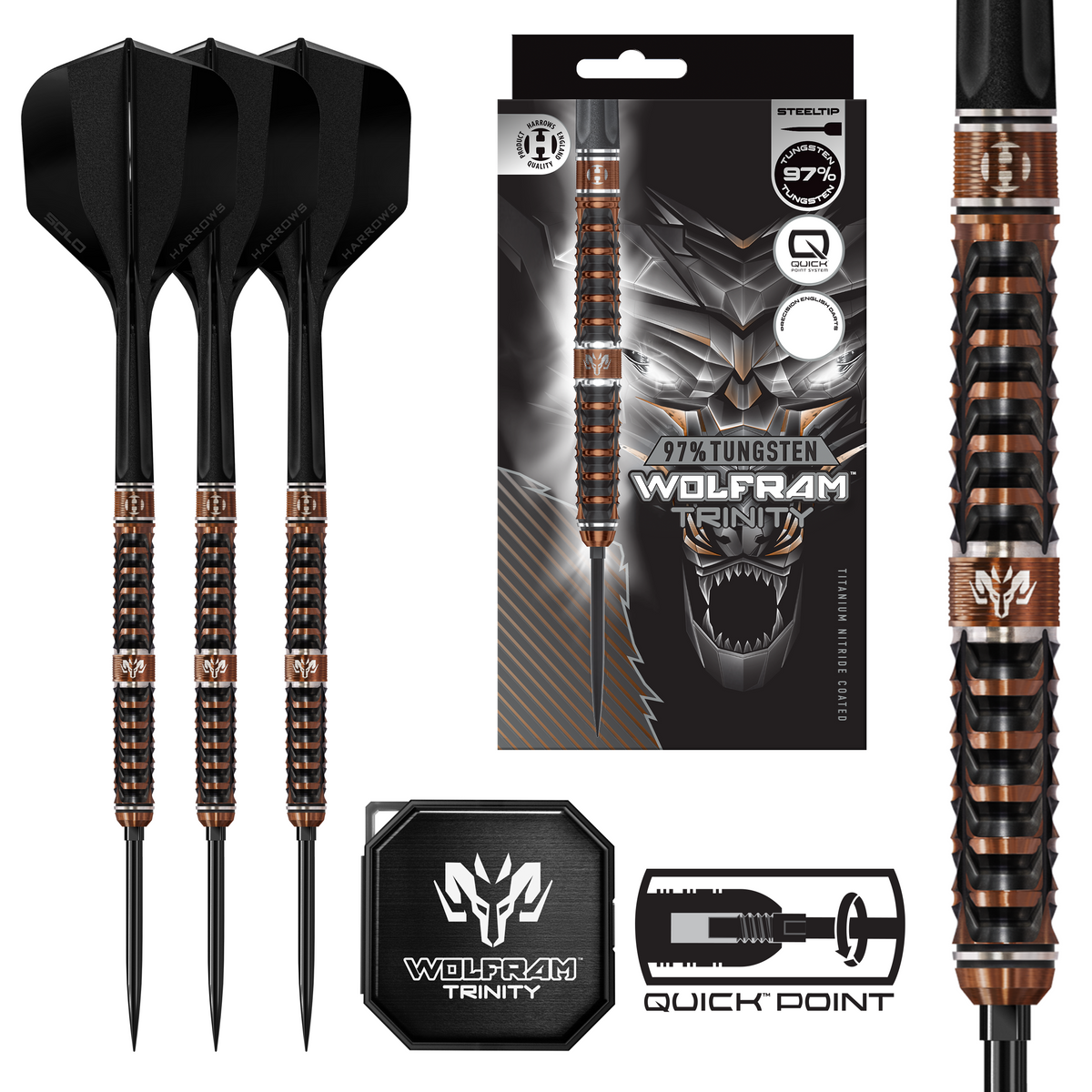 Harrows Wolfram Trinity Darts with black and bronze design, packaging, and branding elements on a white background