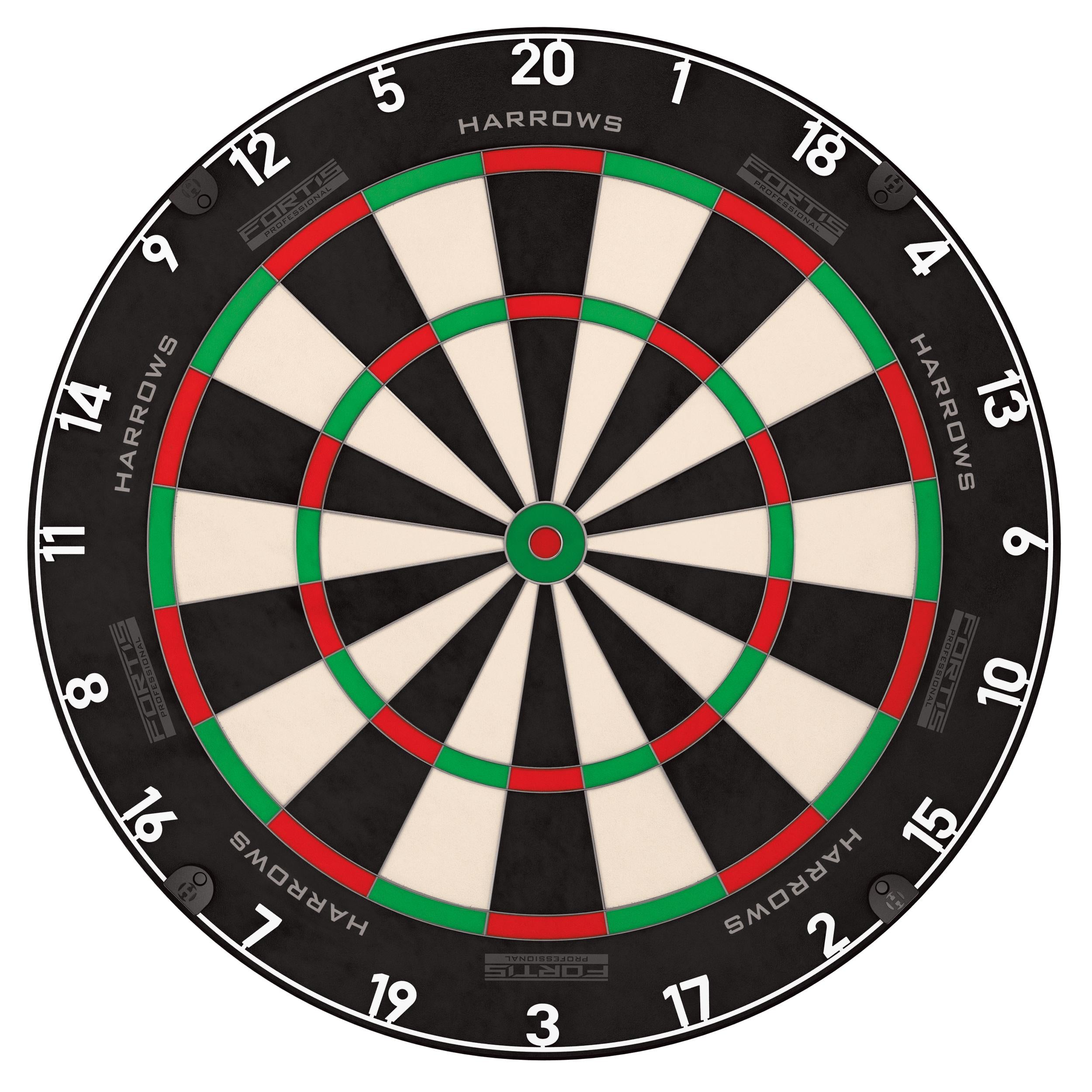 Harrows Fortis Dartboard with black, red, and green design on a white background