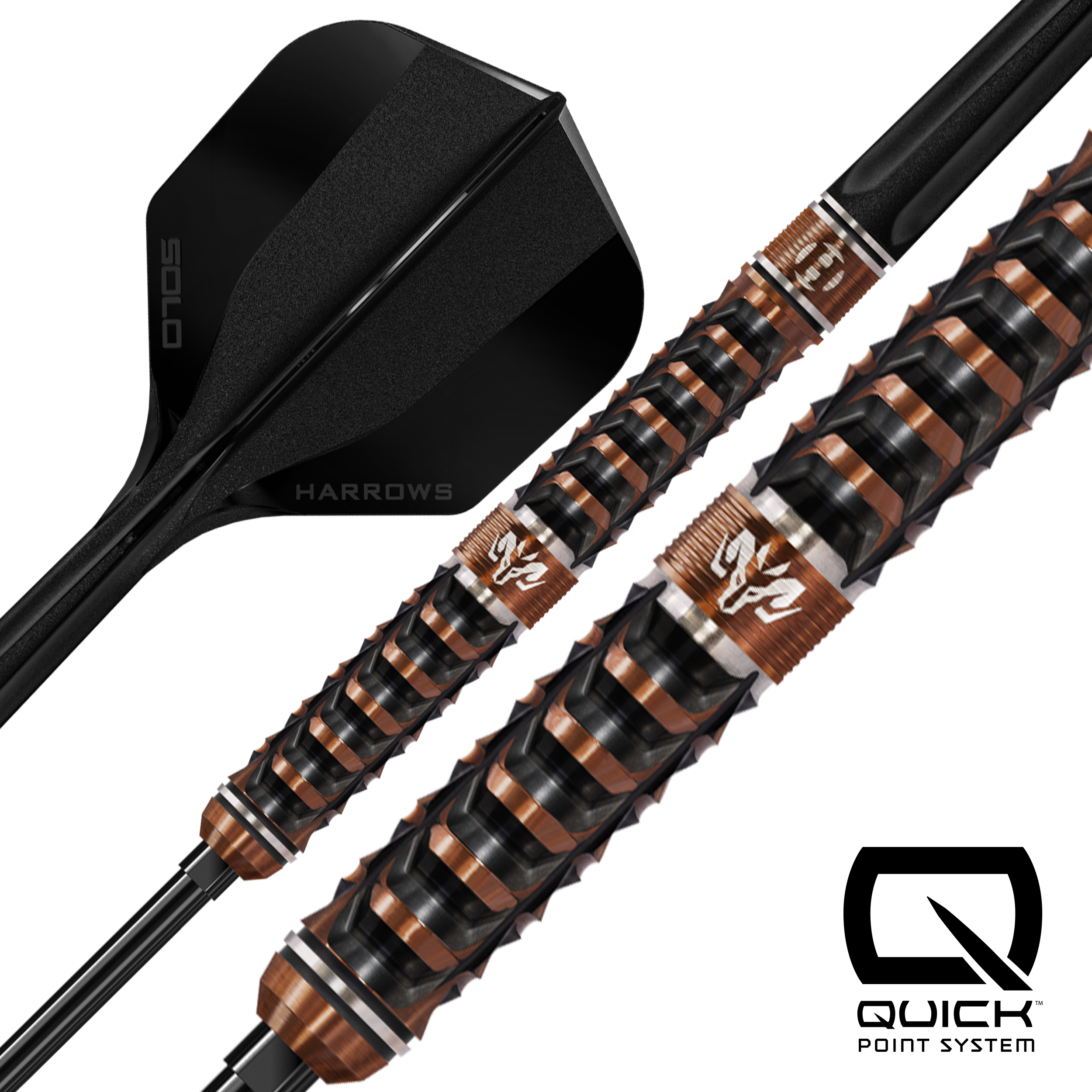 Two darts with a black and bronze design on a white background, featuring Harrows and Quick Point System logos.