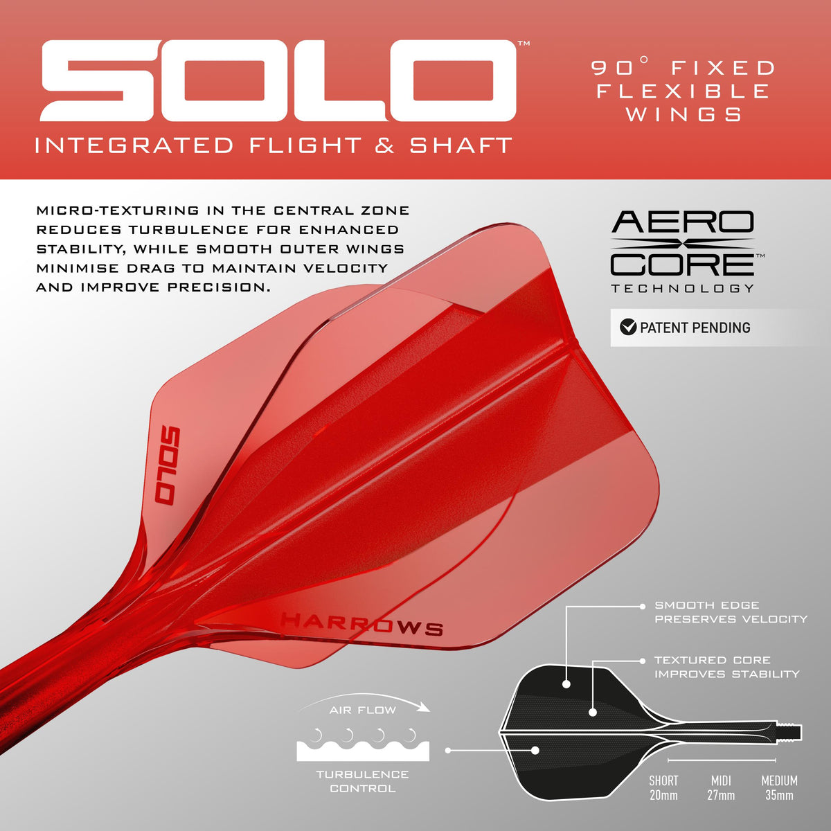 Graphic of Red Solo by Harrows - an integrated darts and shaft system with packaging and Aero Core Technology branding