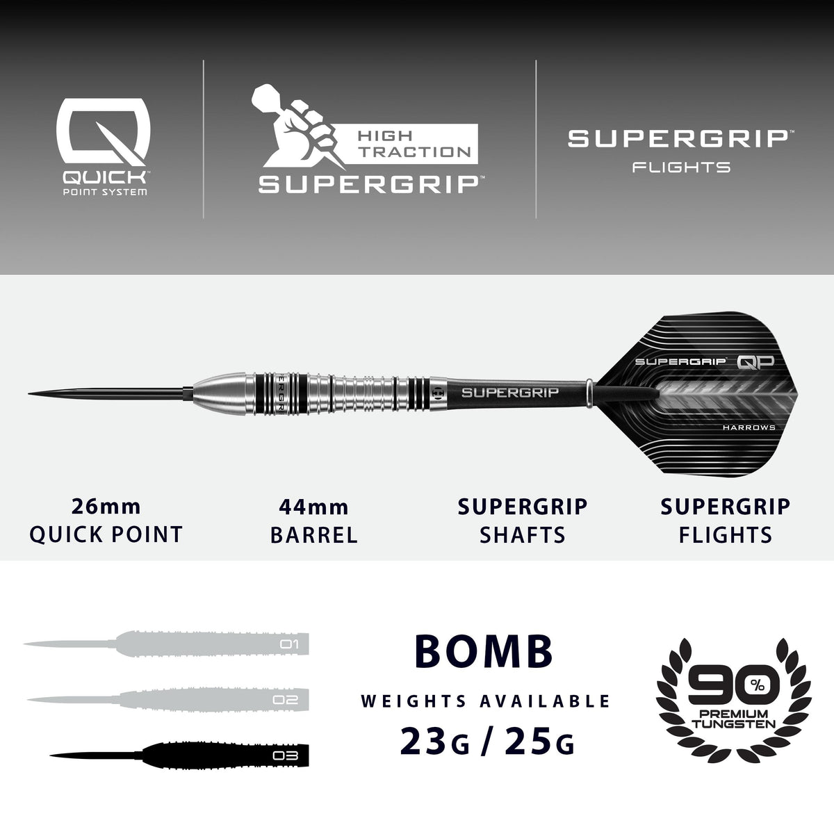 Dart with specifications and branding on a gray background