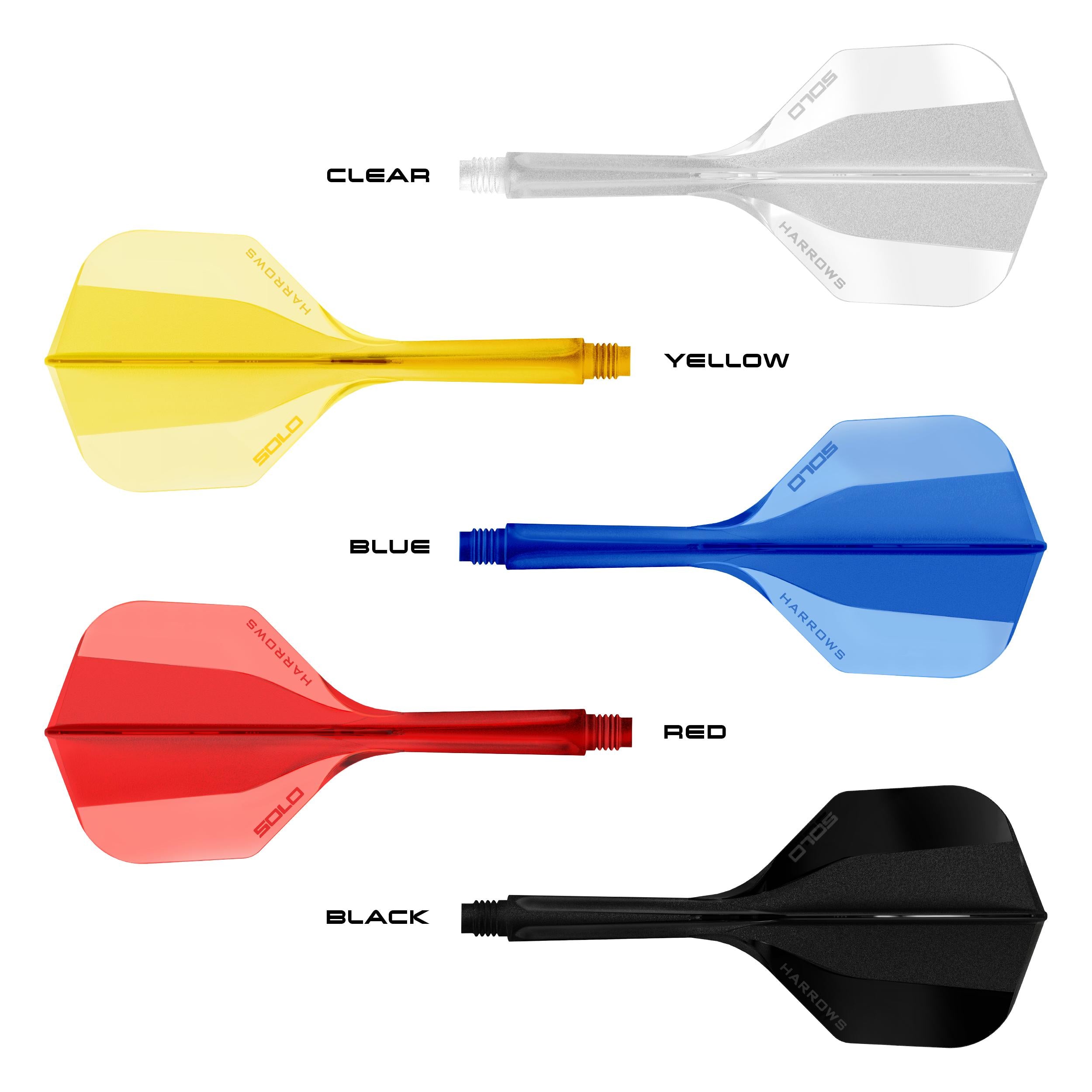 Set of colourful Solo integrated flight and shaft system on a white background. Available in clear, yellow, blue, red and black