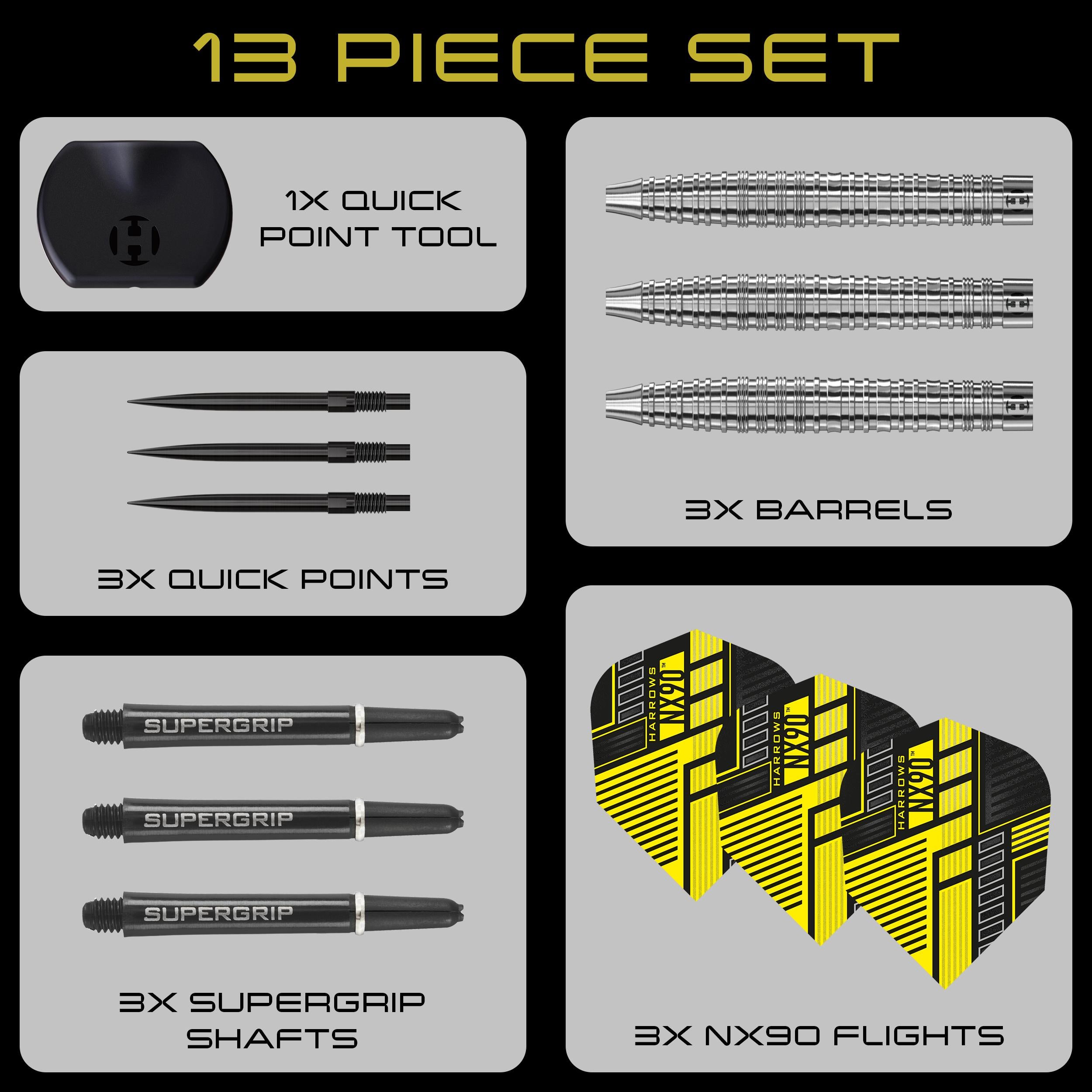13-piece NX90 dart set with Harrows Quick Point system, three barrel profiles, supergrip shafts, and NX90 flights.