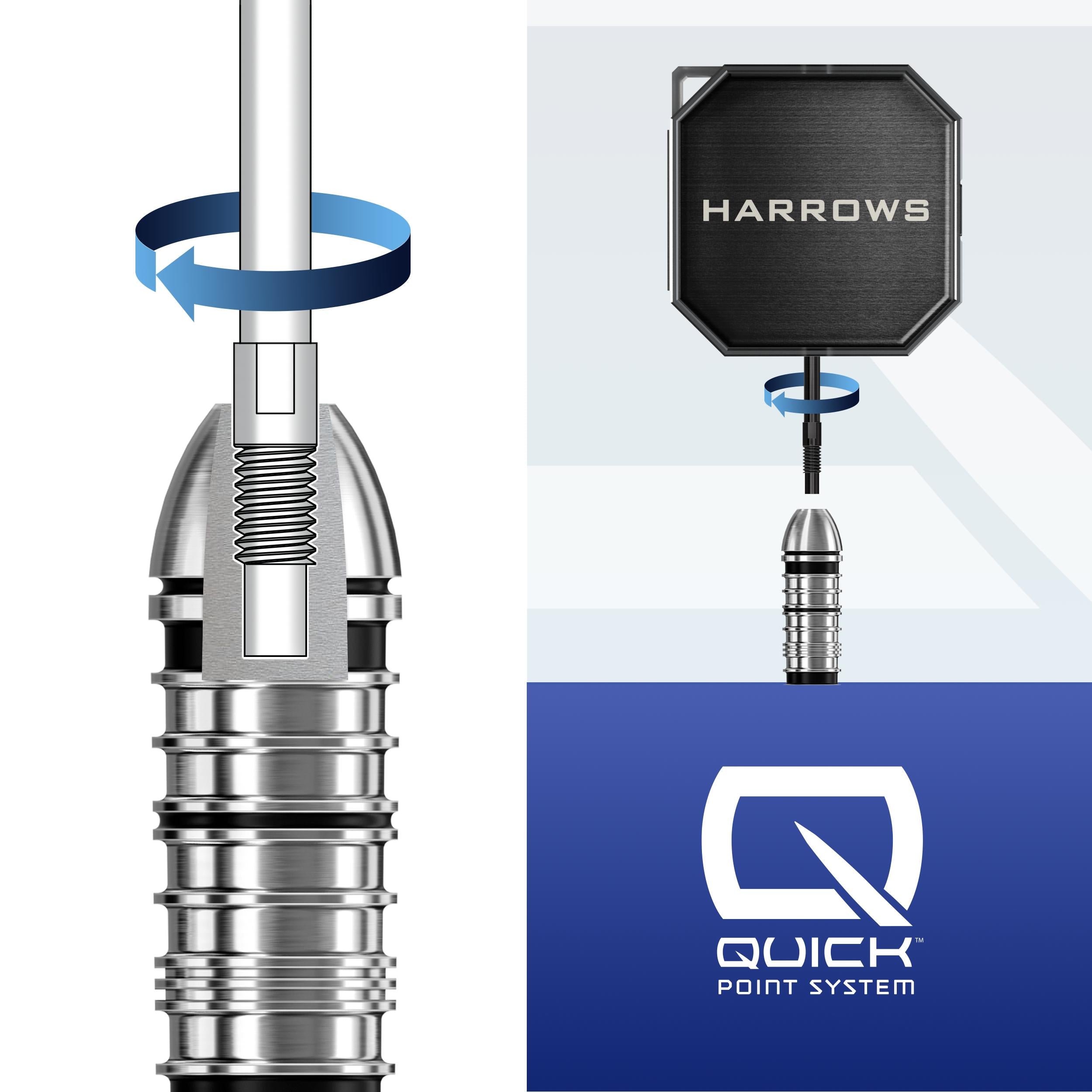 Graphic showing dart shaft with Quick Point System mechanism and Harrows quick point tool. Blue branding on a white background