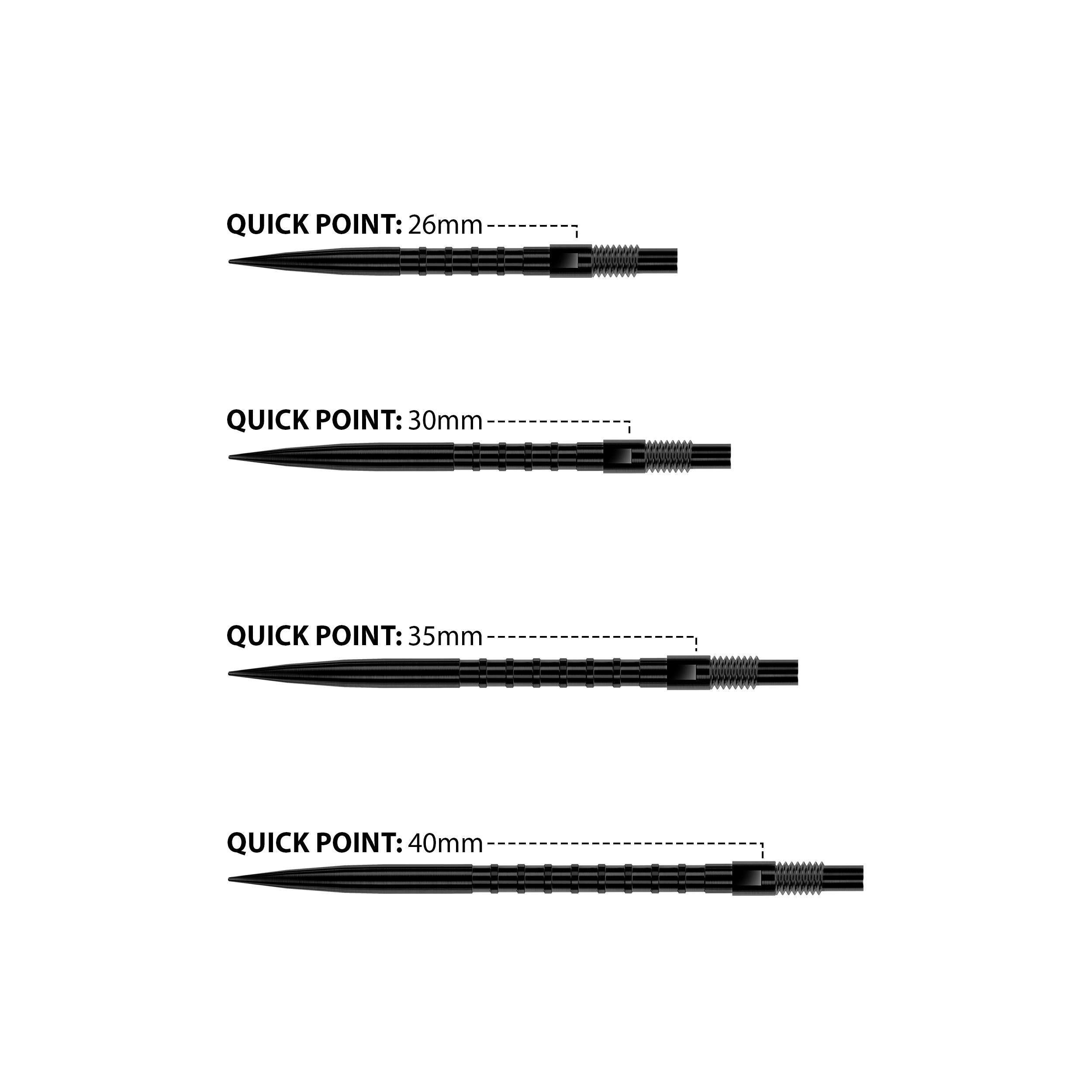 Black dart points labelled lengths on a white background