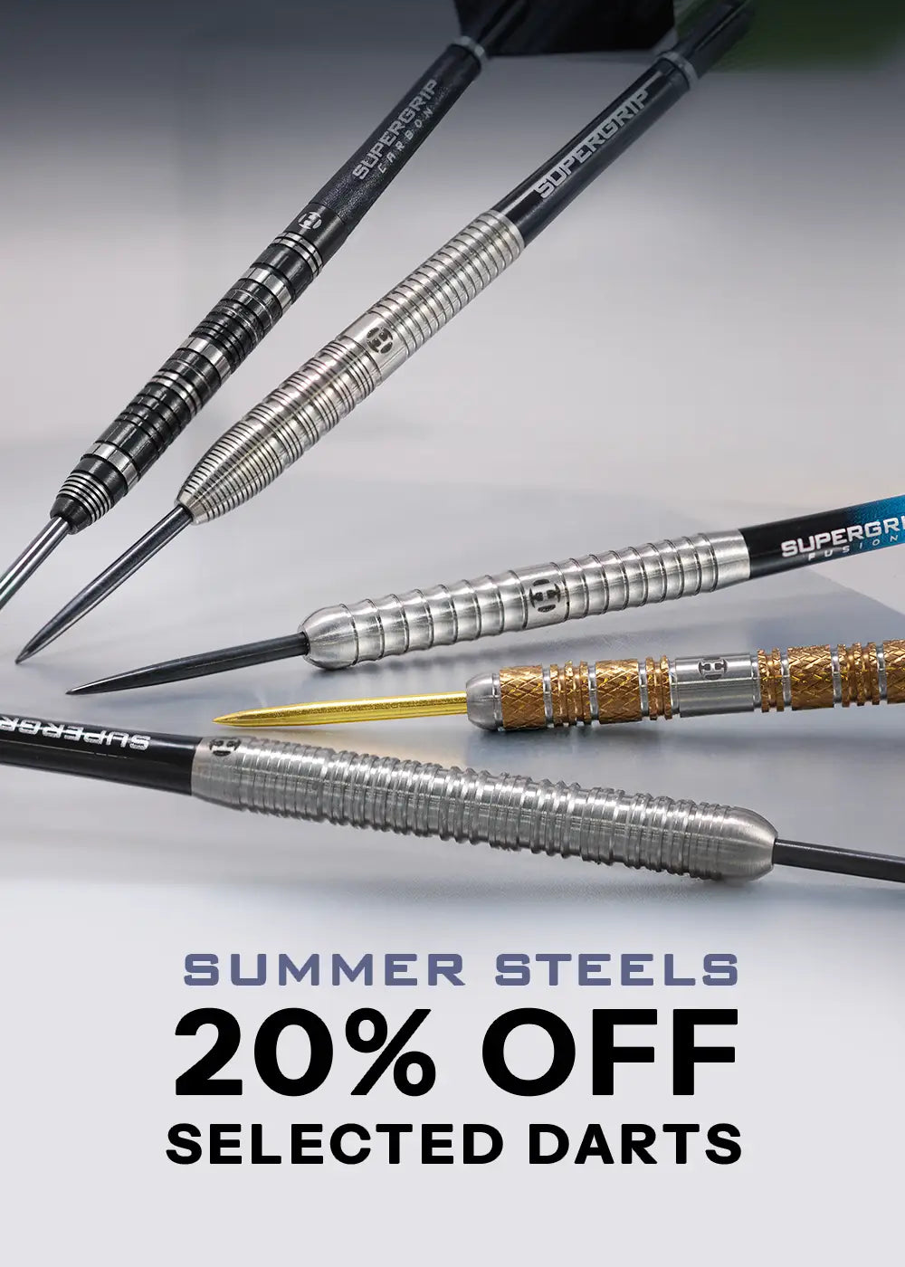 An image with 5 darts on a grey gradient background highlighting a 20% off promotion on darts