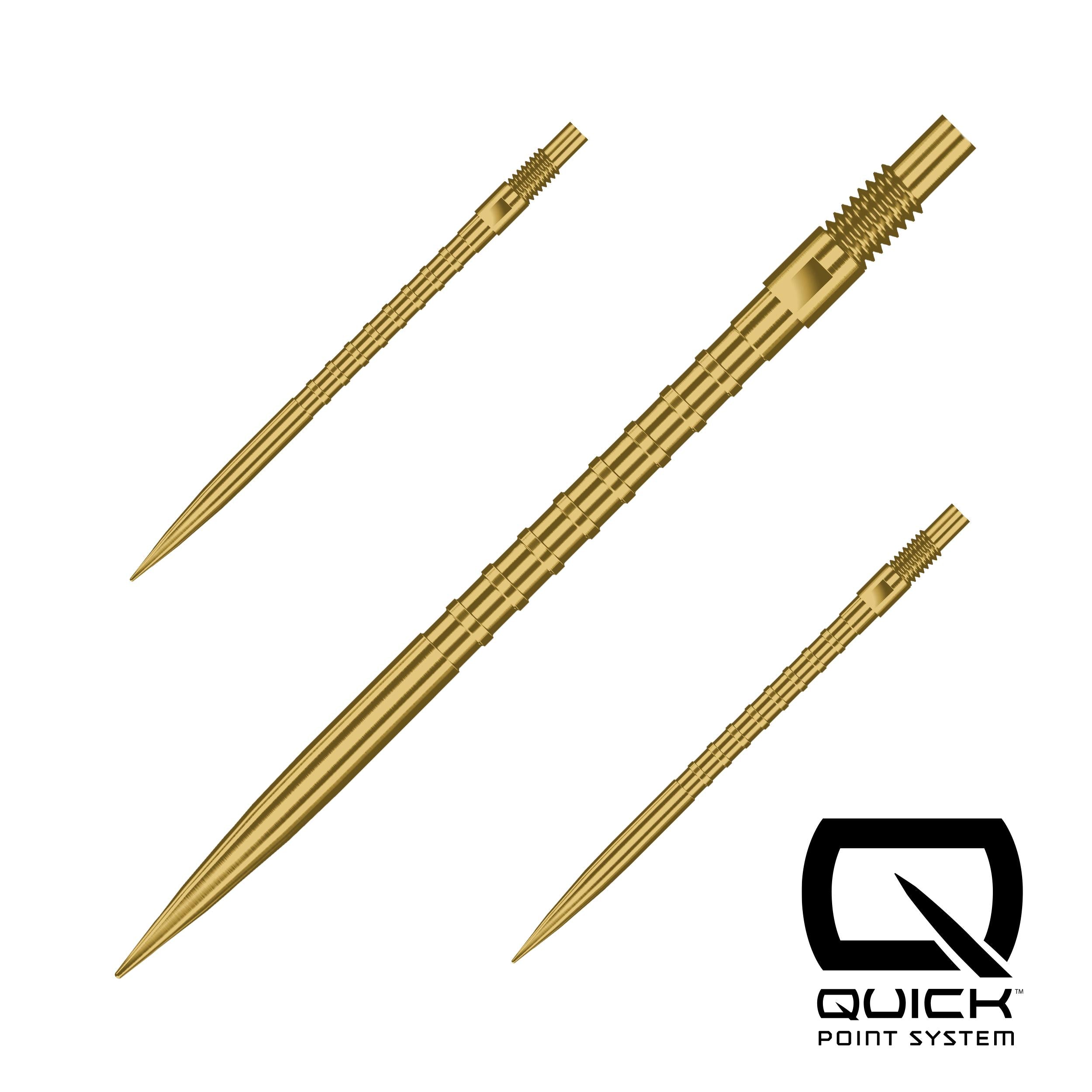 Gold dart points with Quick Point System logo on a white background