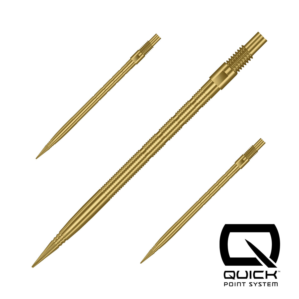 Three gold dart points with a Quick Point System logo on a white background