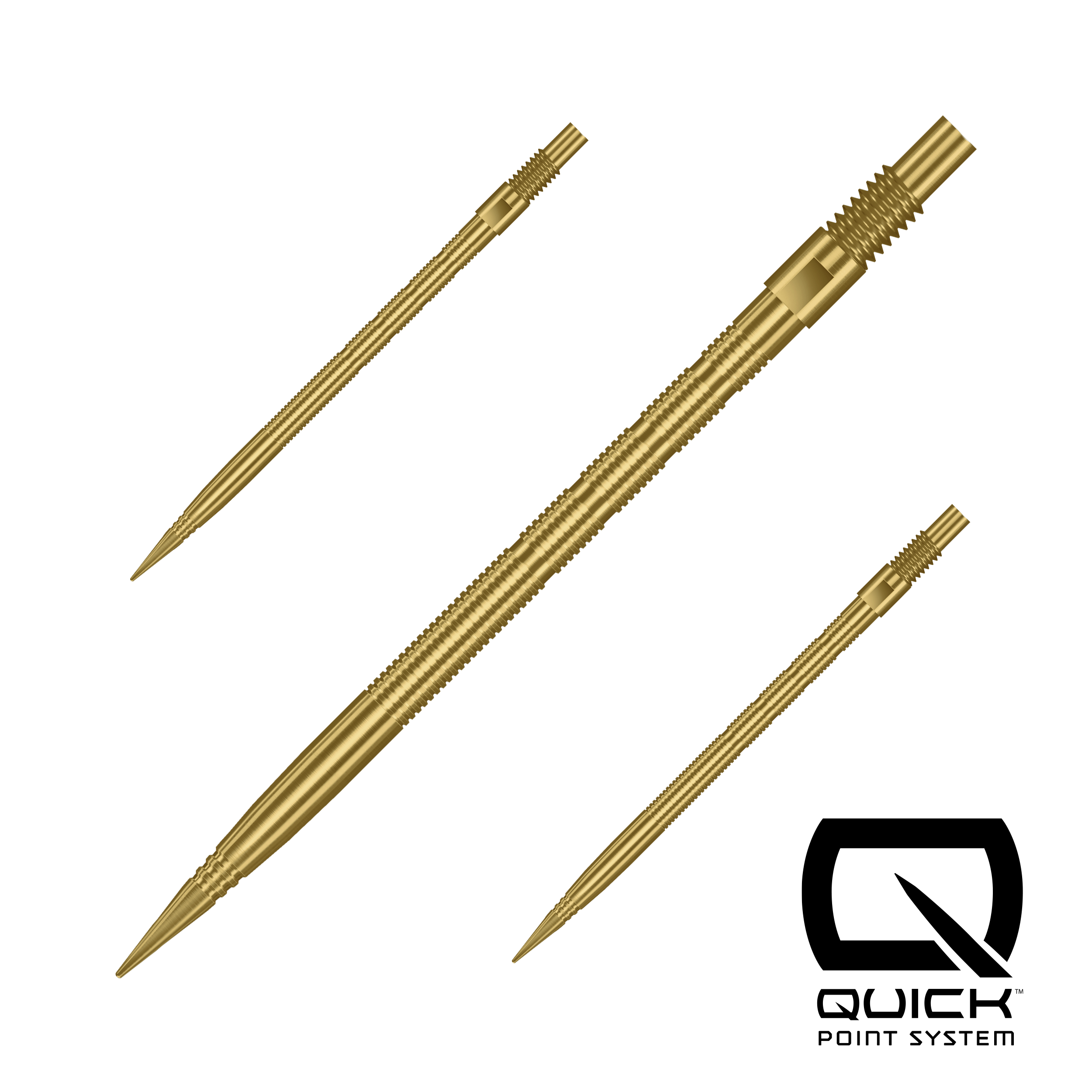 Three gold dart points with a Quick Point System logo on a white background