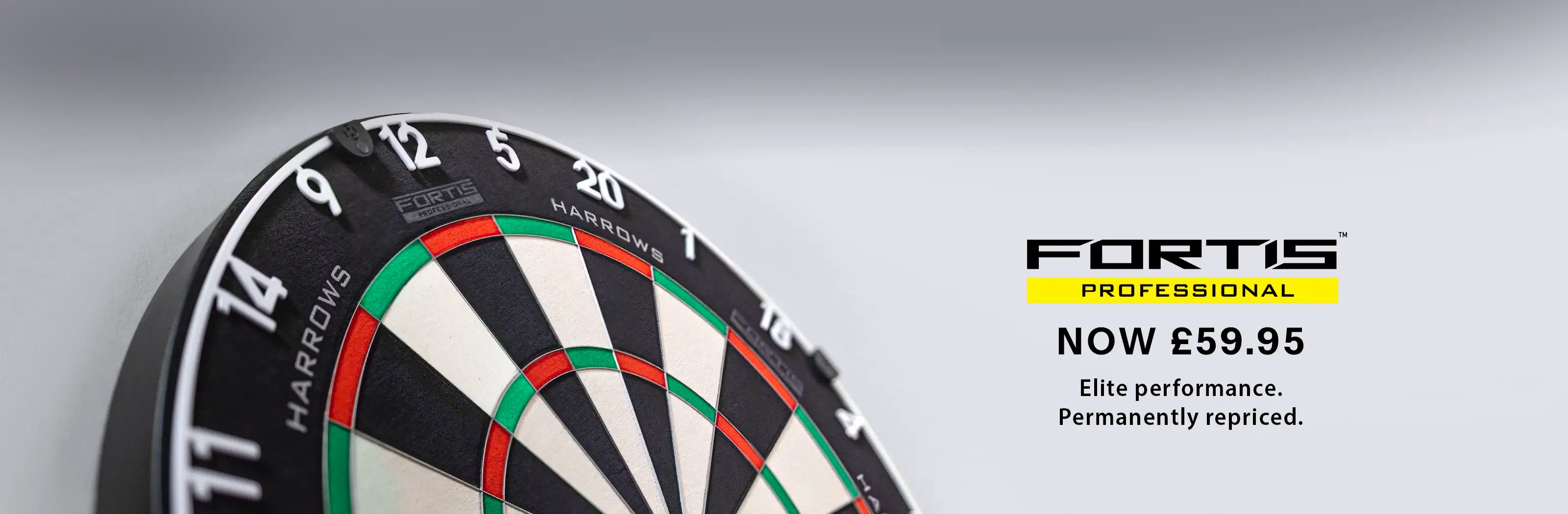 An image of the Harrows Fortis board on a light grey background with yellow fortis branding.