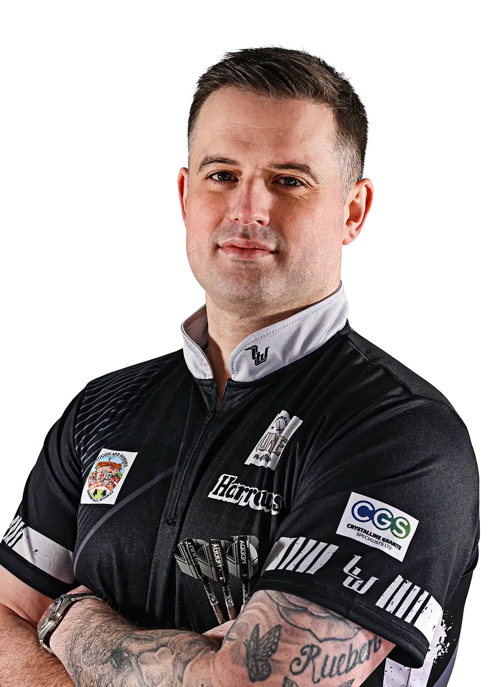 Luke Woodhouse wearing a black Harrows sports jersey with various logos on a white background