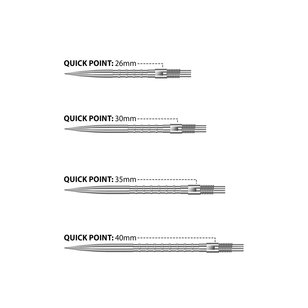 Set of dart points labelled with measurements on white background
