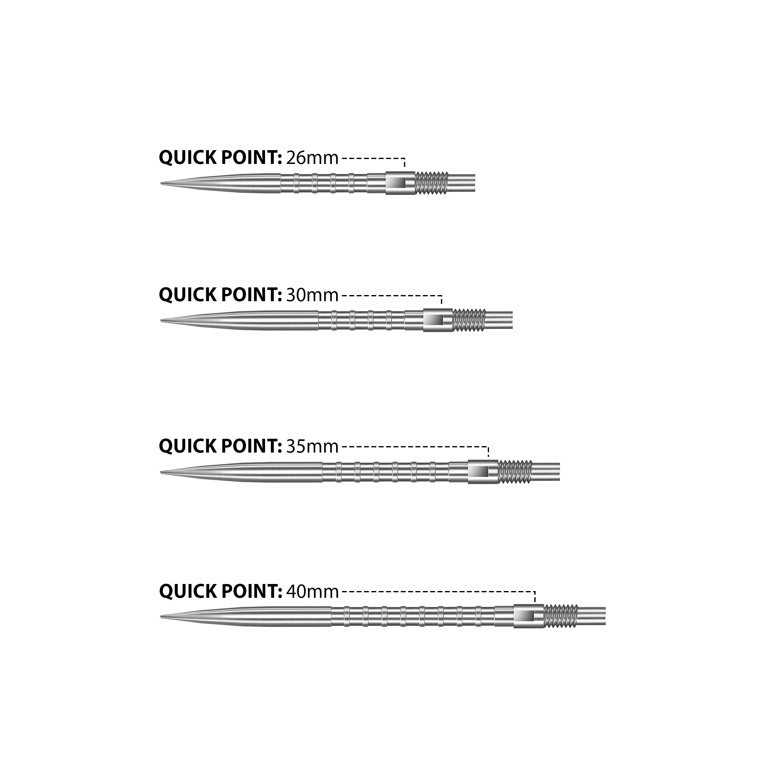 Set of dart points labelled with measurements on white background