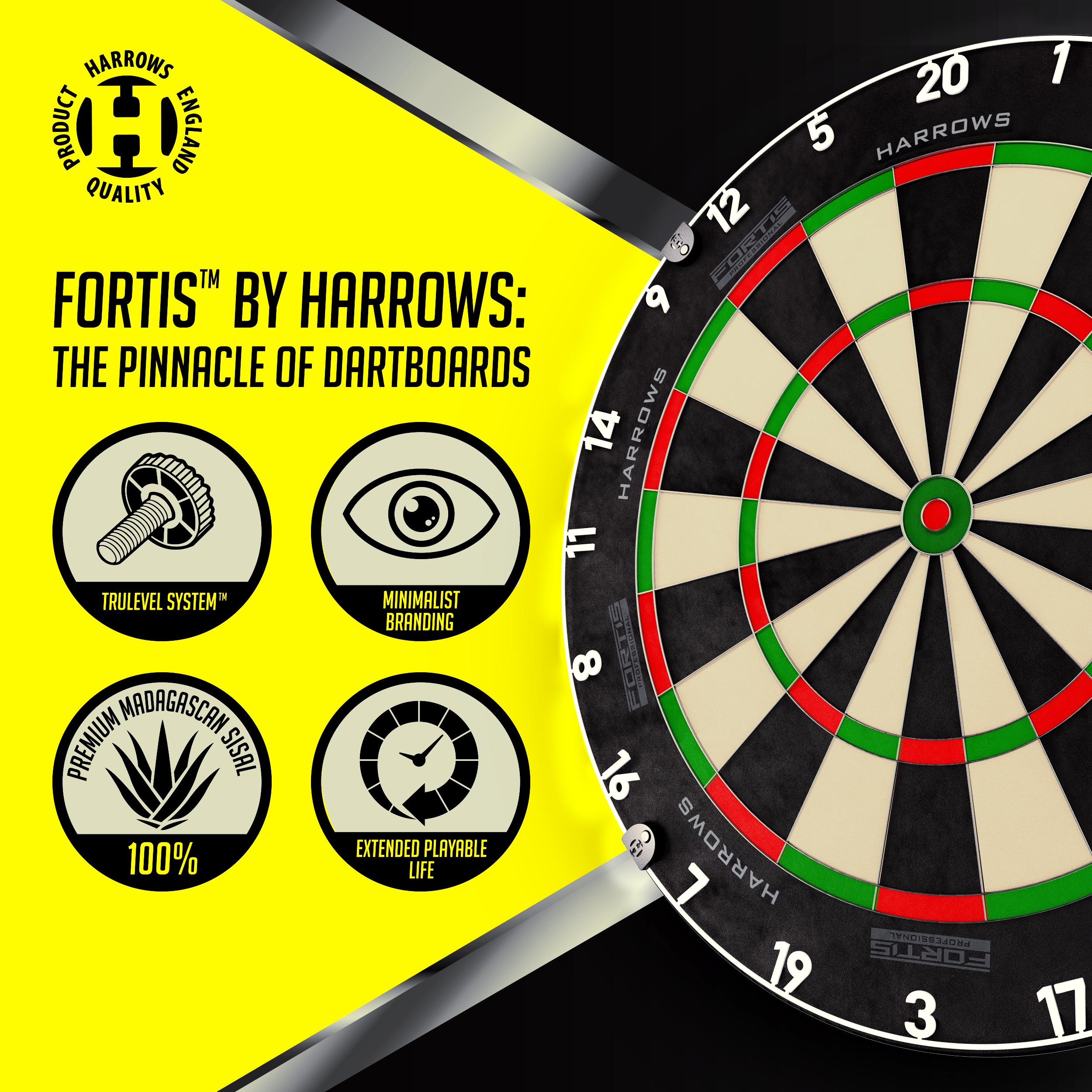 Dartboard with Harrows branding and features on a yellow background