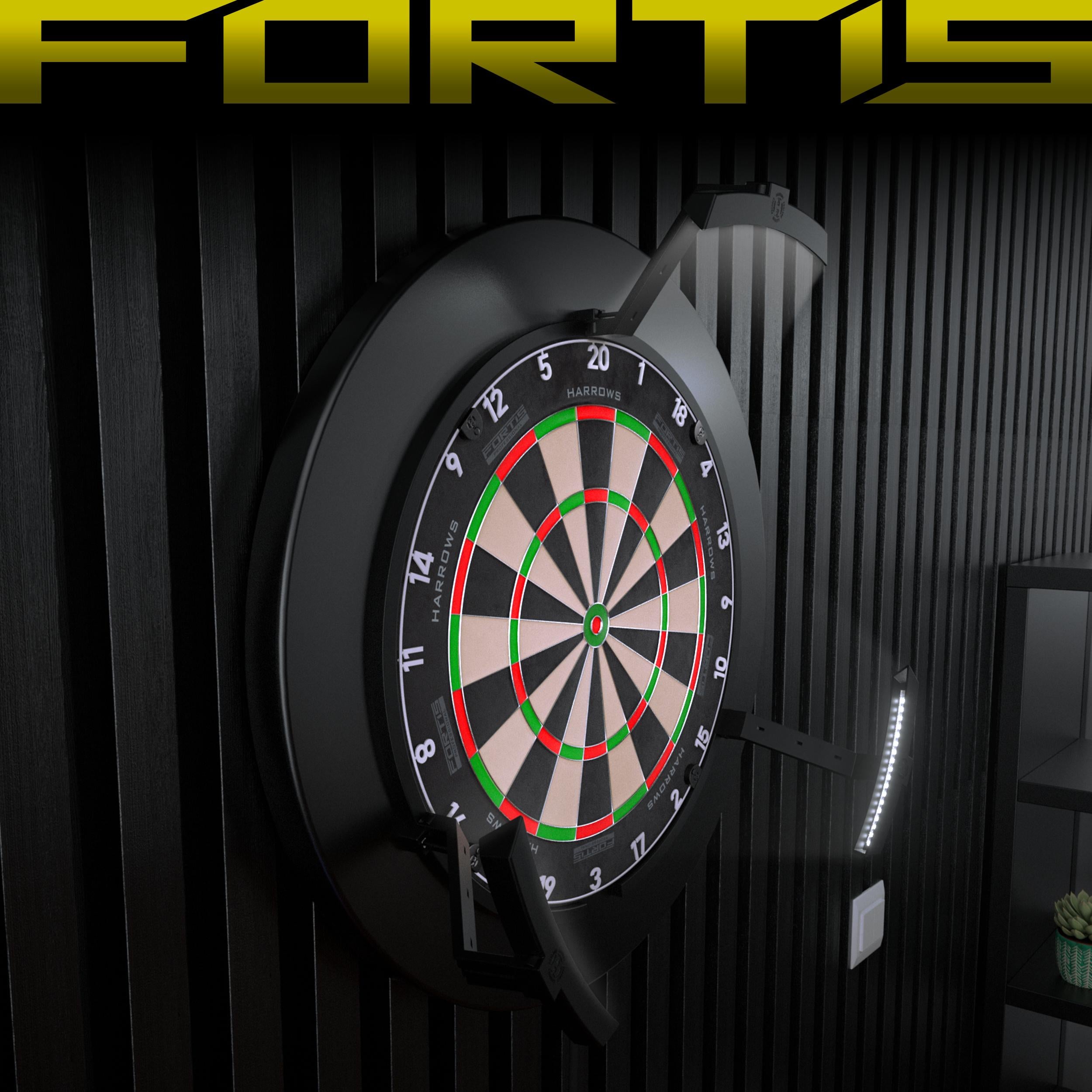 Dartboard with visible brand 'FORTIS' on a dark background