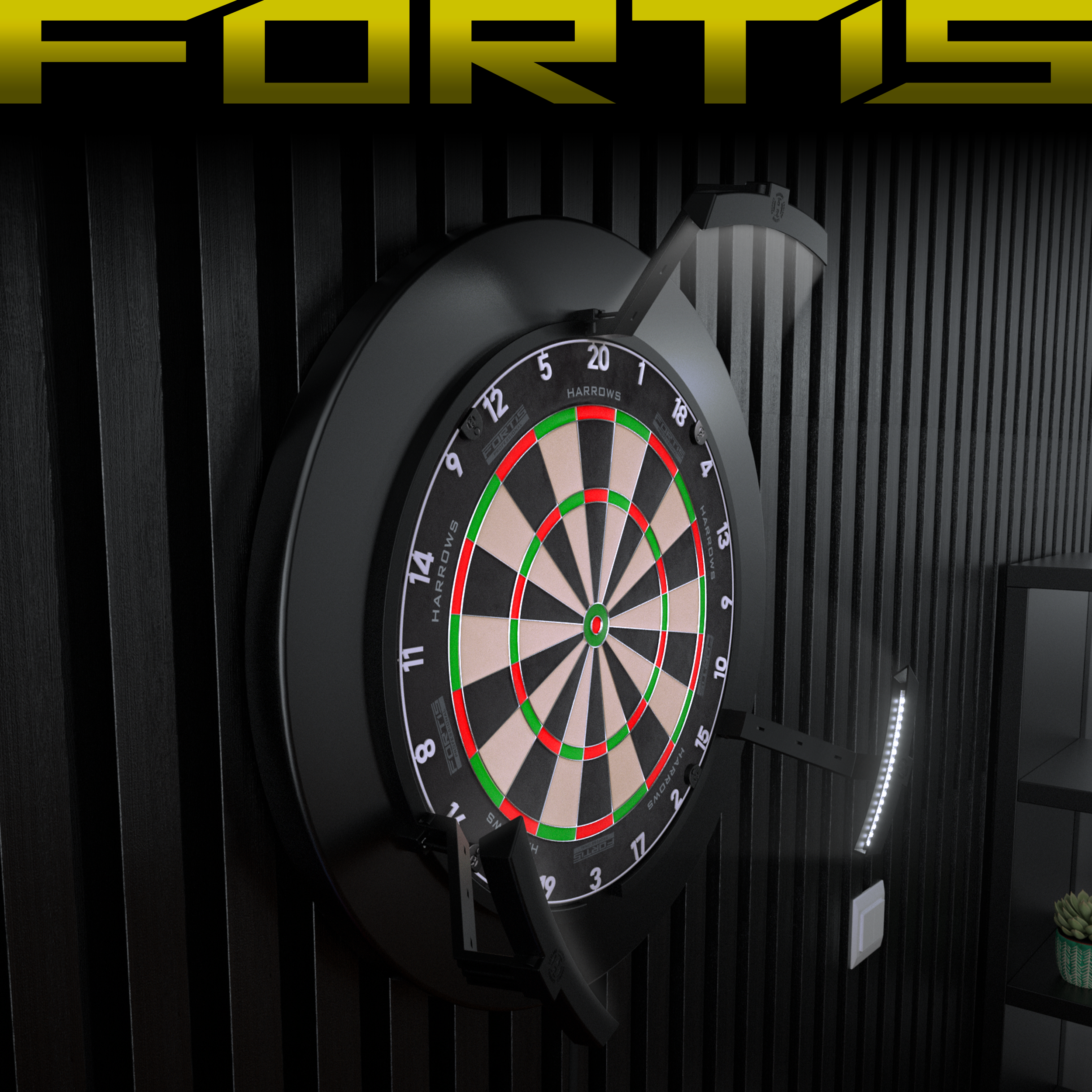 Dartboard with visible brand 'FORTIS' on a dark background