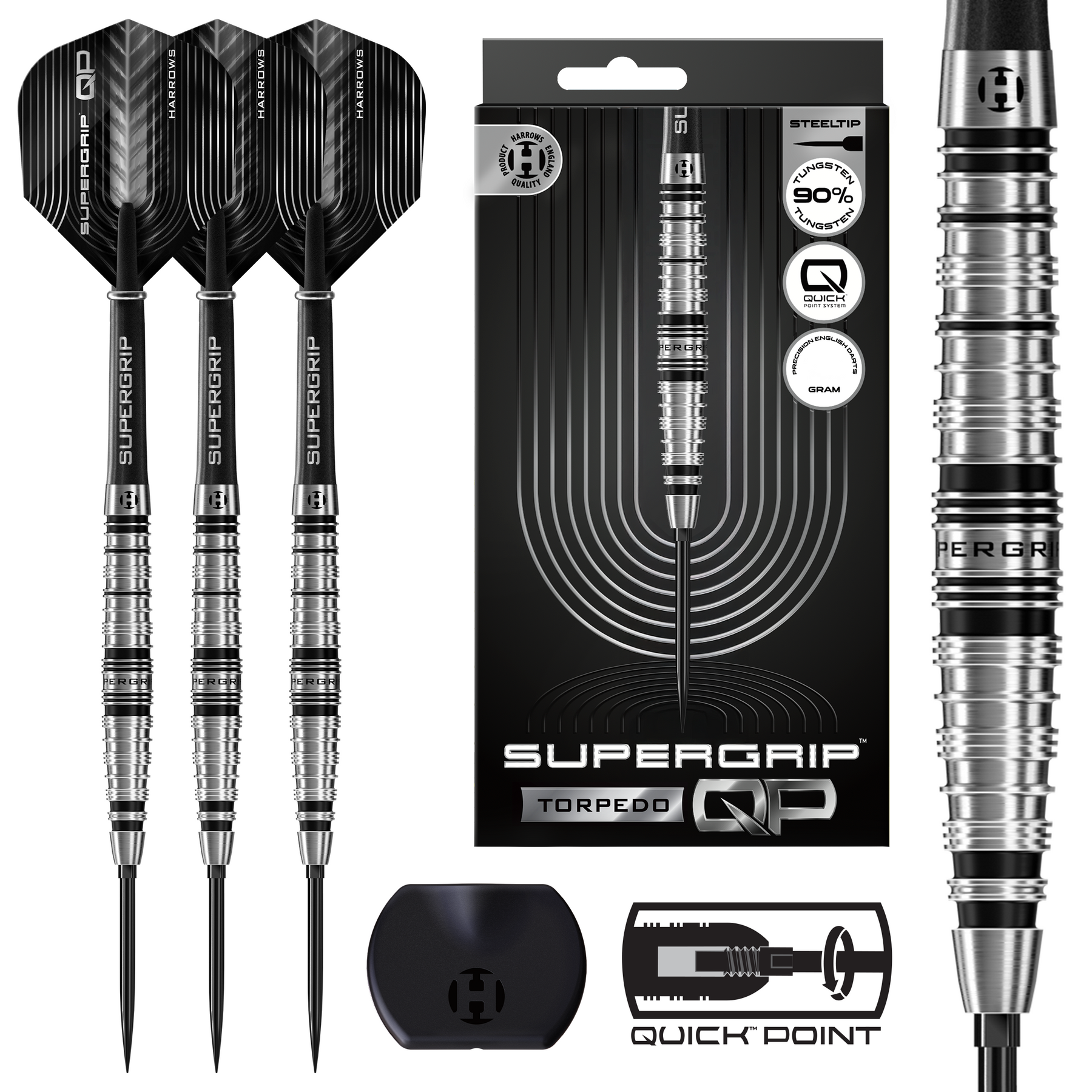 Supergrip Torpedo QP darts with packaging and additional darts on a white background
