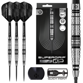 Supergrip Torpedo QP darts with packaging and additional darts on a white background
