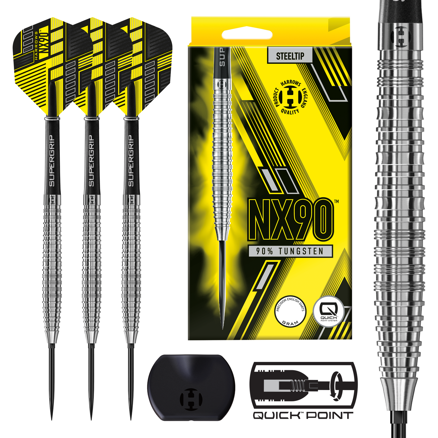 Supreme darts with yellow and black flight design, Quick Point packaging, and a close-up of a dart.