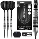 Supergrip darts with packaging and accessories on a white background