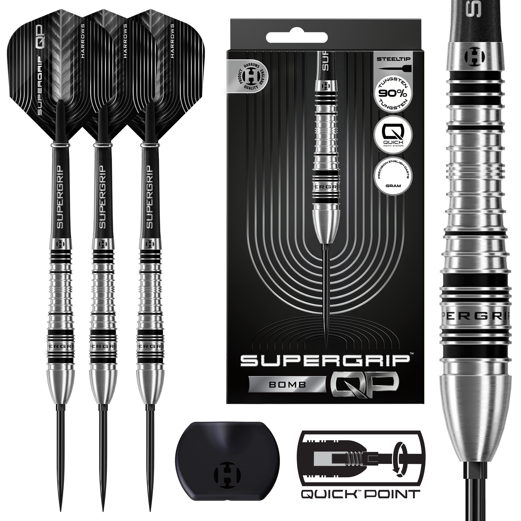Supergrip darts with packaging and accessories on a white background