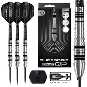 Supergrip darts with packaging and accessories on a white background