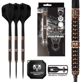 Harrows Wolfram Trinity Darts with black and bronze design, packaging, and branding elements on a white background