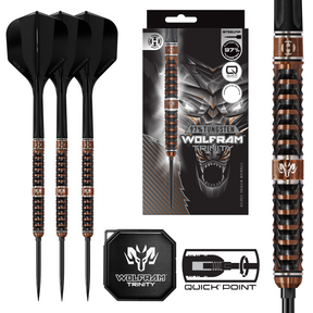 Harrows Wolfram Trinity Darts with black and bronze design, packaging, and branding elements on a white background