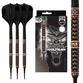 Harrows Wolfram Trinity 97% Tungsten soft tip darts with Solo integrated flights and shafts. Three black darts with brown and black patterned shafts next to their packaging featuring a wolf graphic.