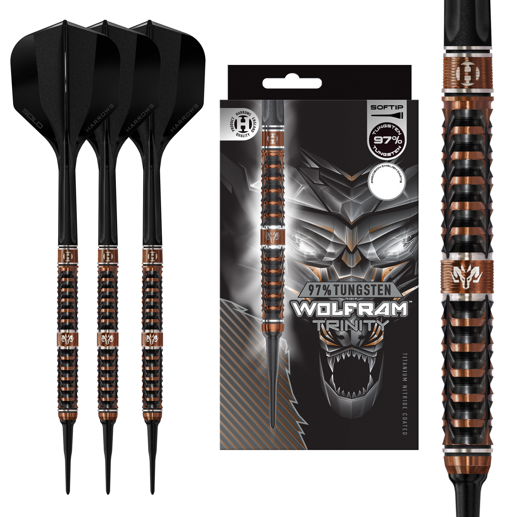 Harrows Wolfram Trinity 97% Tungsten soft tip darts with Solo integrated flights and shafts. Three black darts with brown and black patterned shafts next to their packaging featuring a wolf graphic.