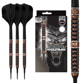 Harrows Wolfram Trinity 97% Tungsten soft tip darts with Solo integrated flights and shafts. Three black darts with brown and black patterned shafts next to their packaging featuring a wolf graphic.