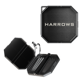 Black hexagonal case to hold dart points with 'HARROWS' branding on a white background