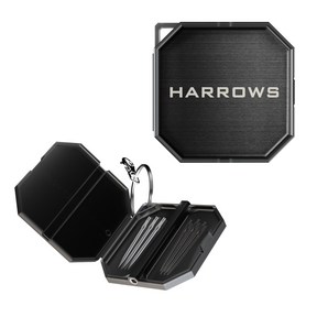 Black hexagonal case to hold dart points with 'HARROWS' branding on a white background