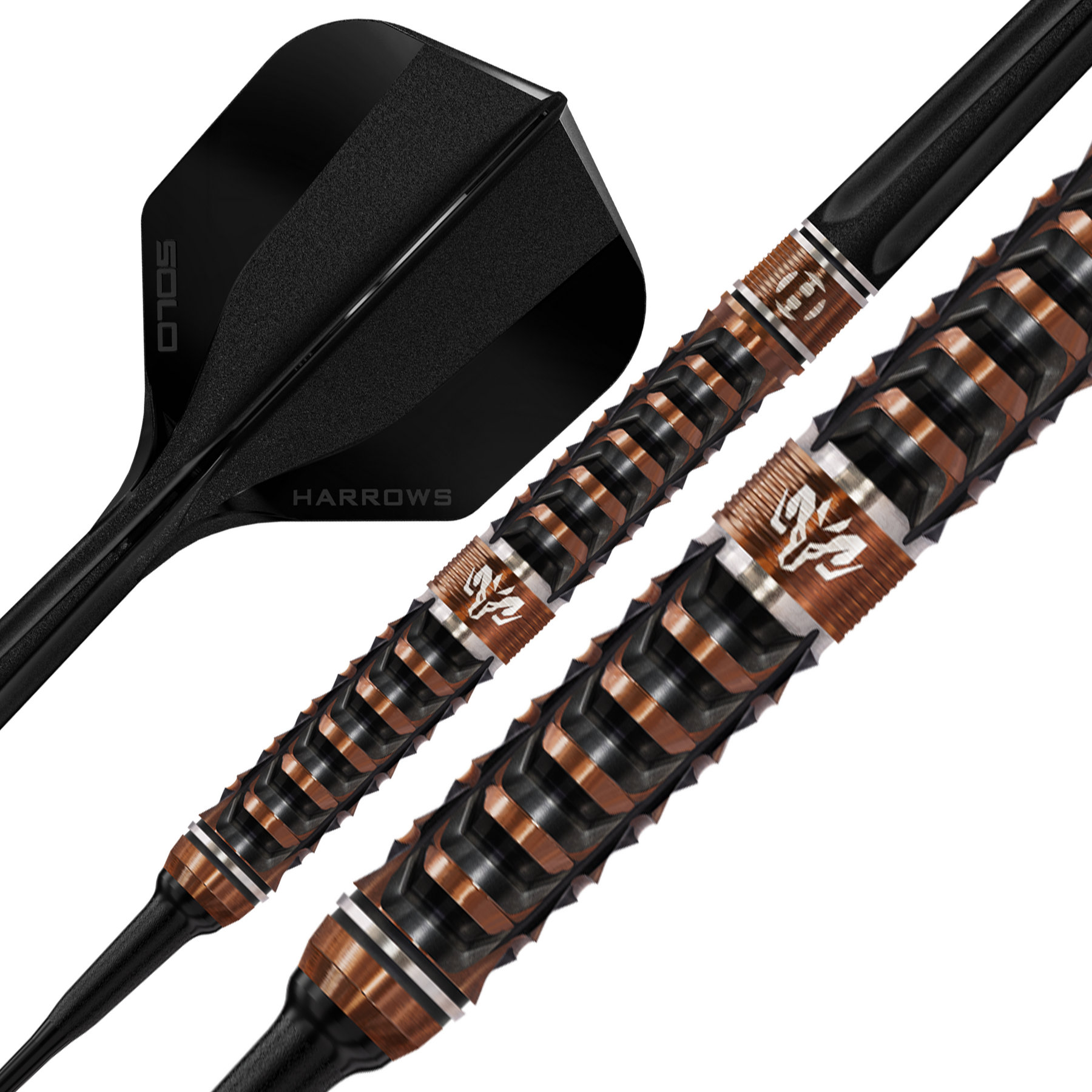 Two darts with black and brown shafts on a white background. Harrows Wolfram Trinity 97% Tungsten soft tip darts with Solo integrated flights and shafts. 