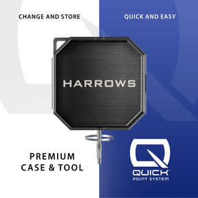 Harrows premium points case and tool with Quick Point System branding on a blue and white background.