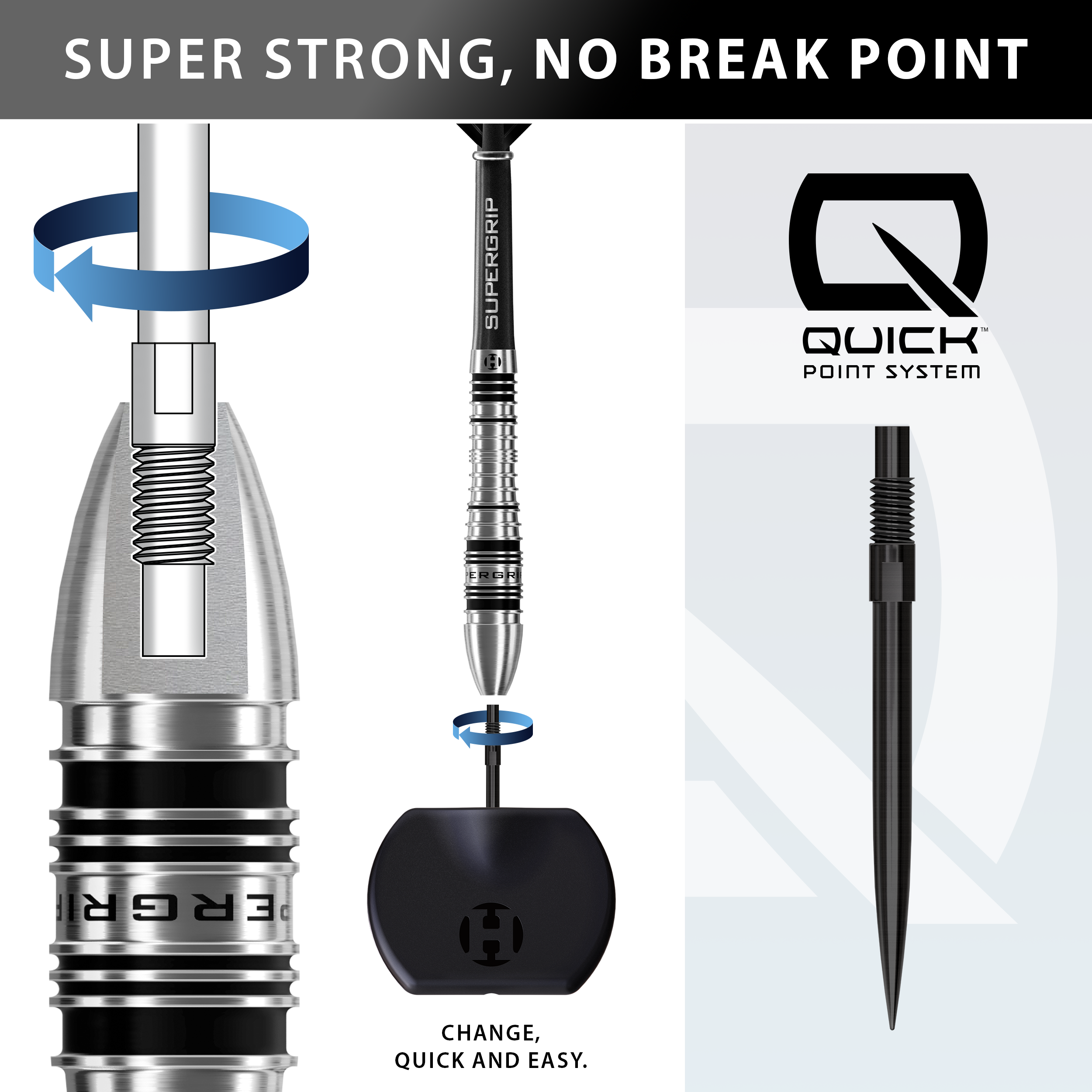 Supergrip Dart with Harrows Quick Point System technology and branding on a white background.