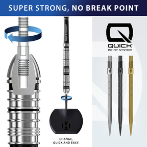 Dart system with Harrows Quick Point System branding, showing dart barrell and points as well as the Quick Point Tool. 
