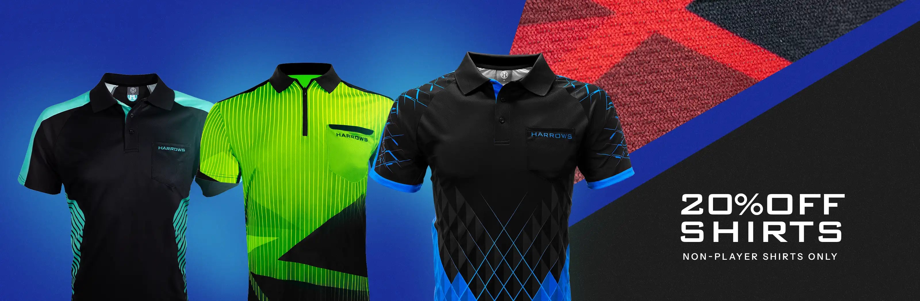 a picture showing 3 shirts on a multi colour background highlighting a 20% off shirts promotion