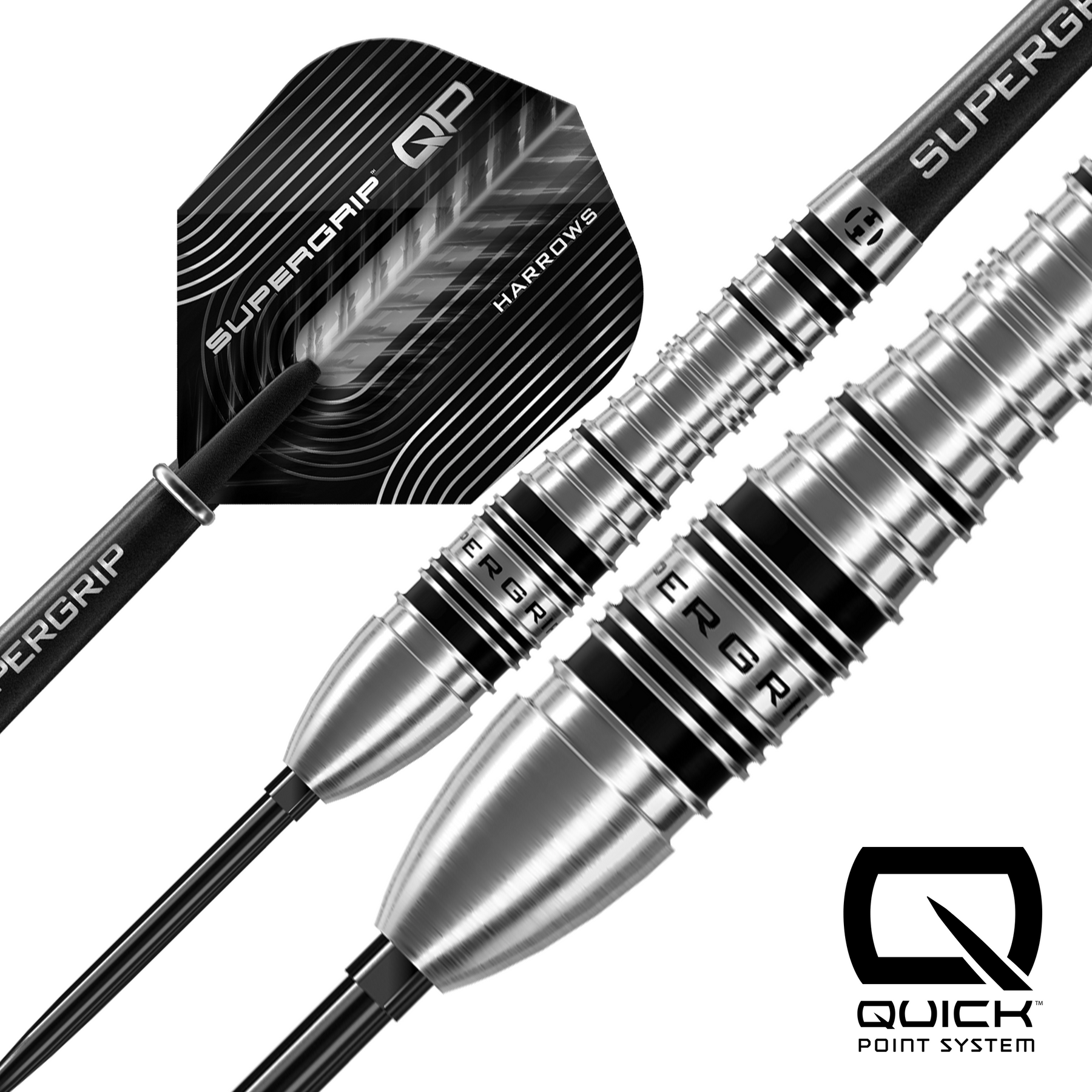 Two darts with silver and black design on a white background, featuring the SuperGrip and Quick Point System branding.