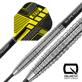 Harrows NX90 darts with yellow and black flight and Supergrip shaft on a white background, featuring Quick Point System.
