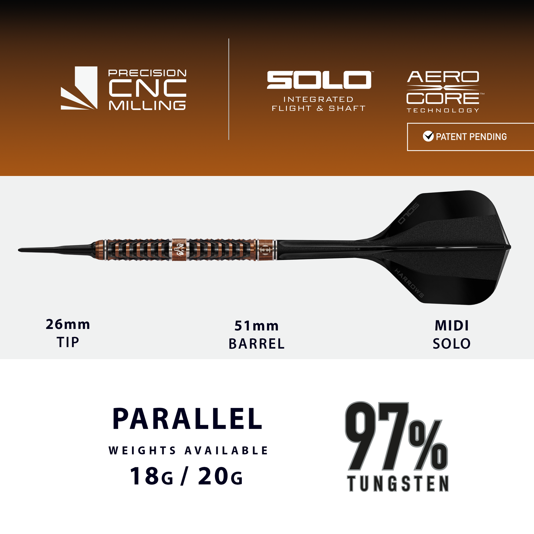 Technical specifications for the Harrows Wolfram Trinity soft-tip dart which has a bronze and black design shown and shown on a white background