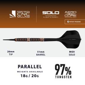 Technical specifications for the Harrows Wolfram Trinity soft-tip dart which has a bronze and black design shown and shown on a white background