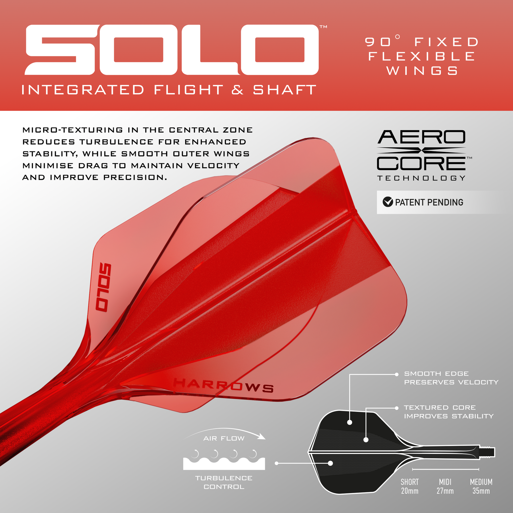 Graphic of Red Solo by Harrows - an integrated darts and shaft system with packaging and Aero Core Technology branding 