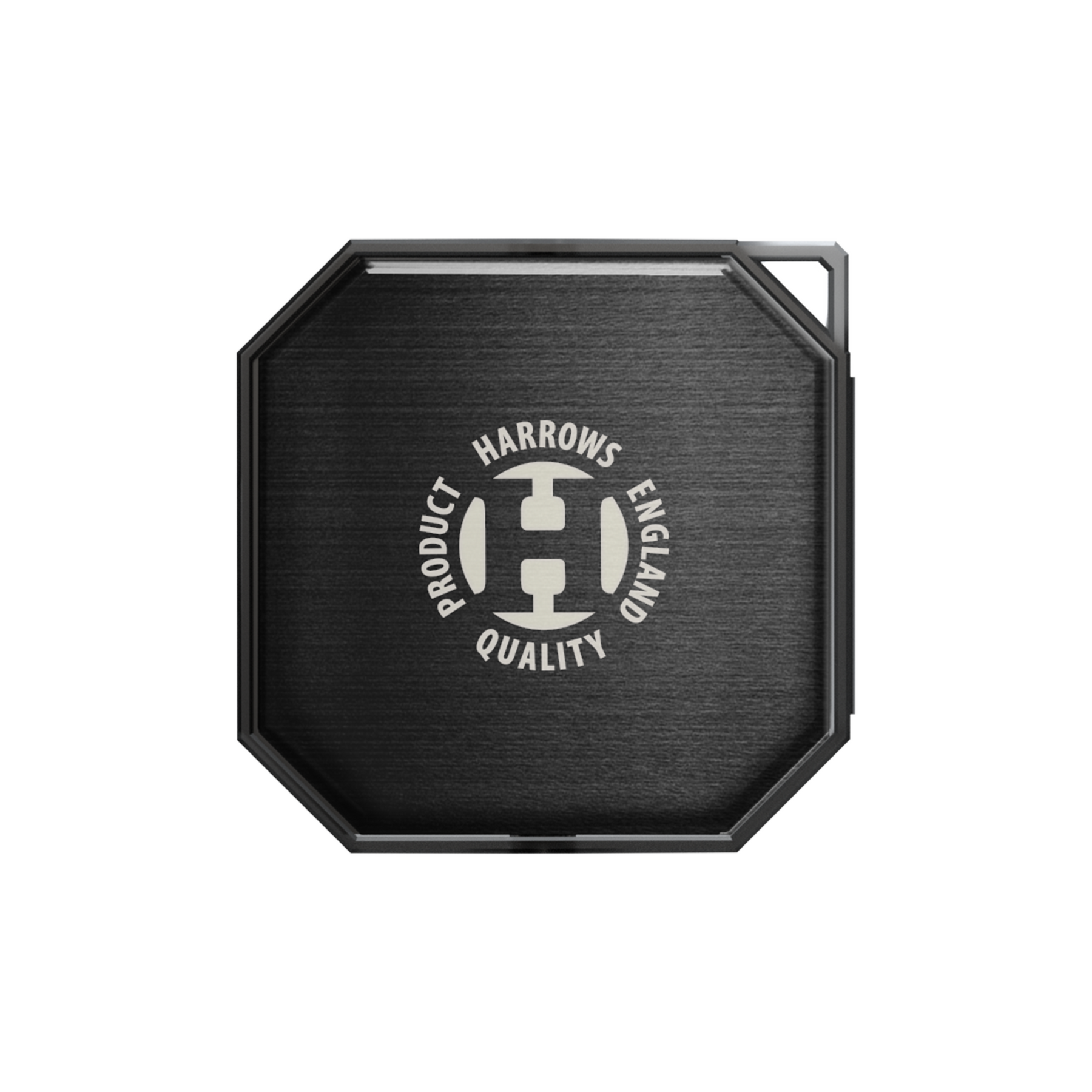 Black octagonal dart points storage case with Harrows branding on a white background