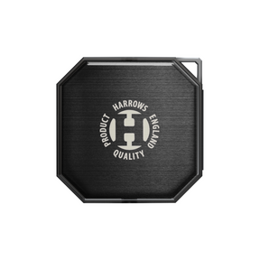 Black octagonal dart points storage case with Harrows branding on a white background