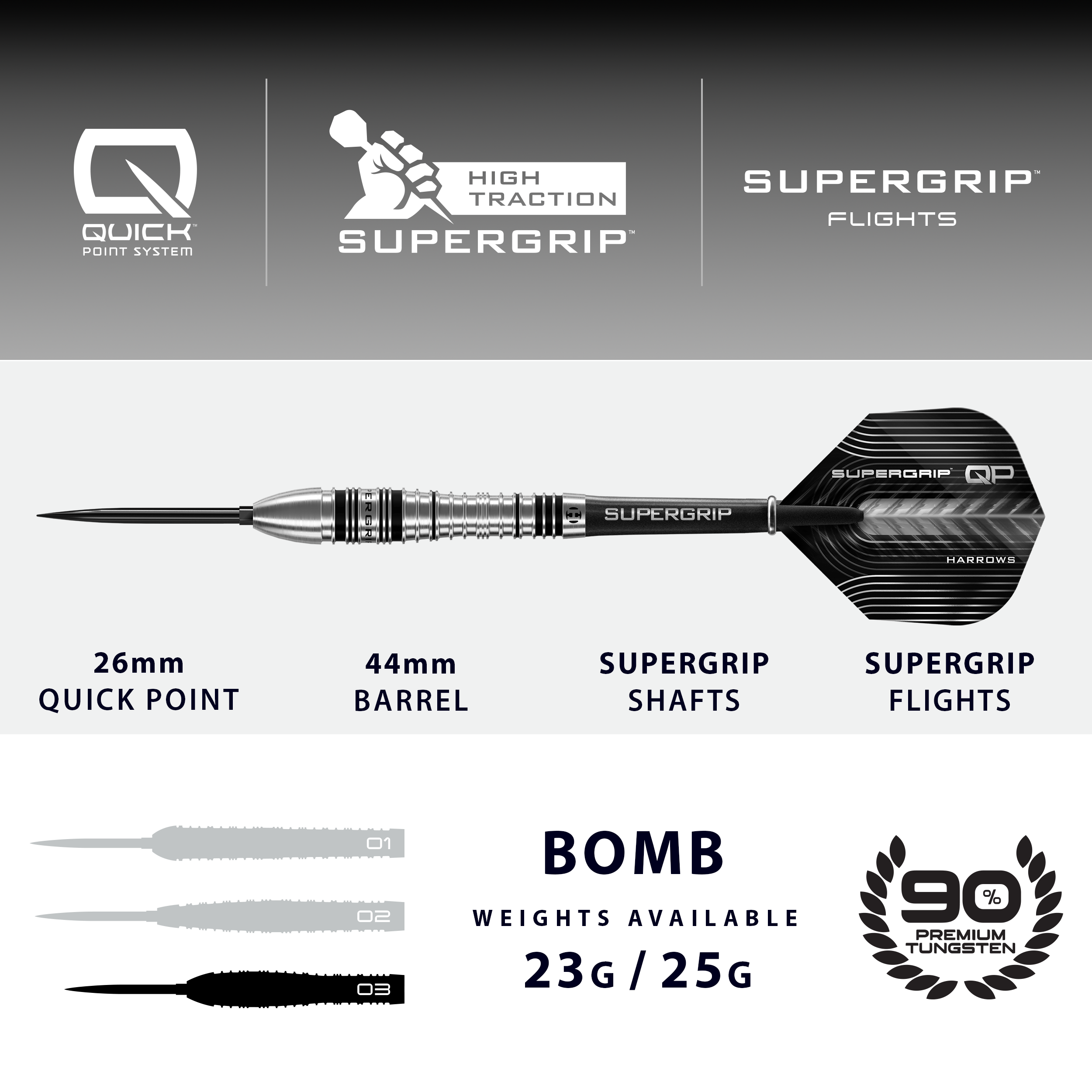 Dart with specifications and branding on a gray background