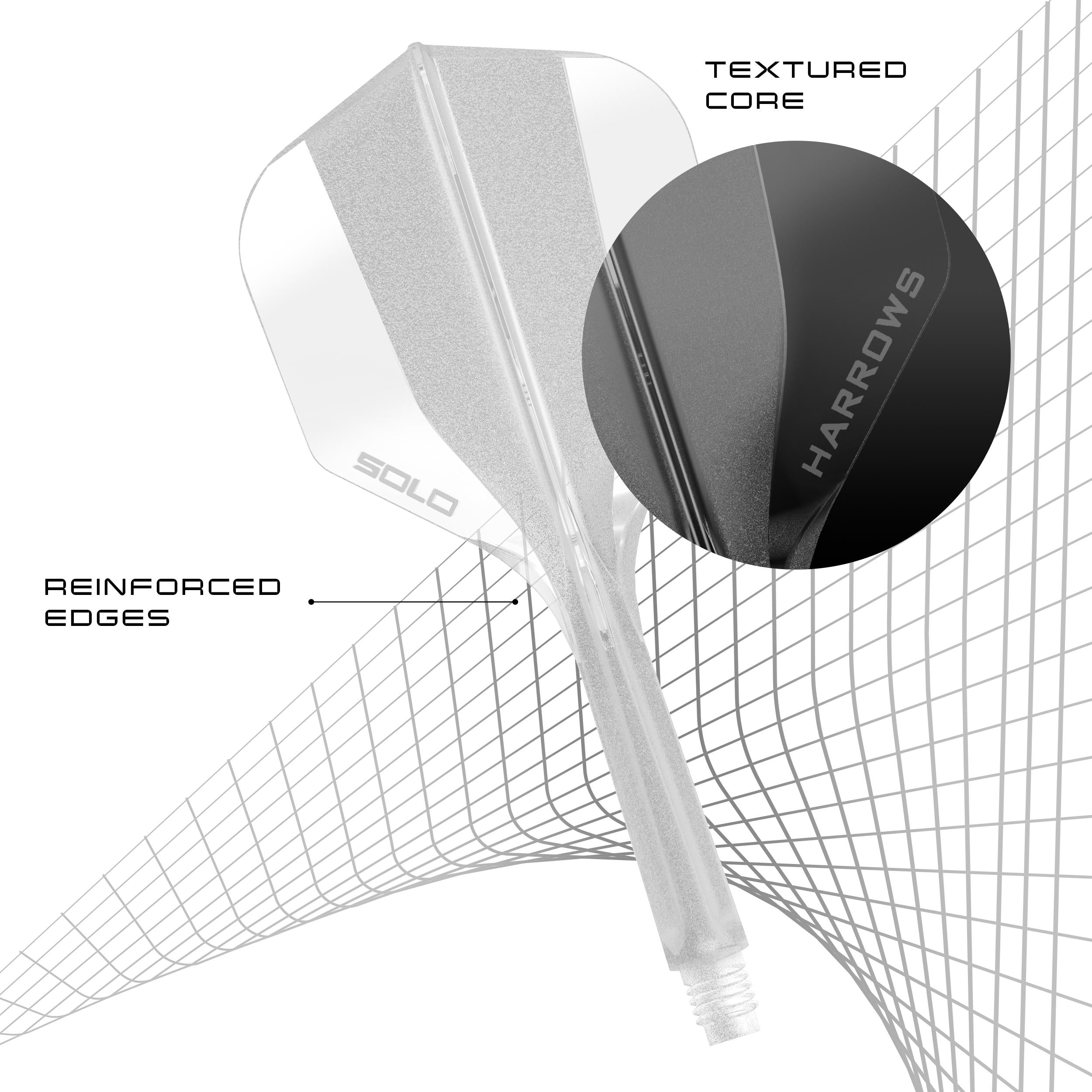 Clear Harrows Solo integrated flight and shaft system with text highlighting features on a white background