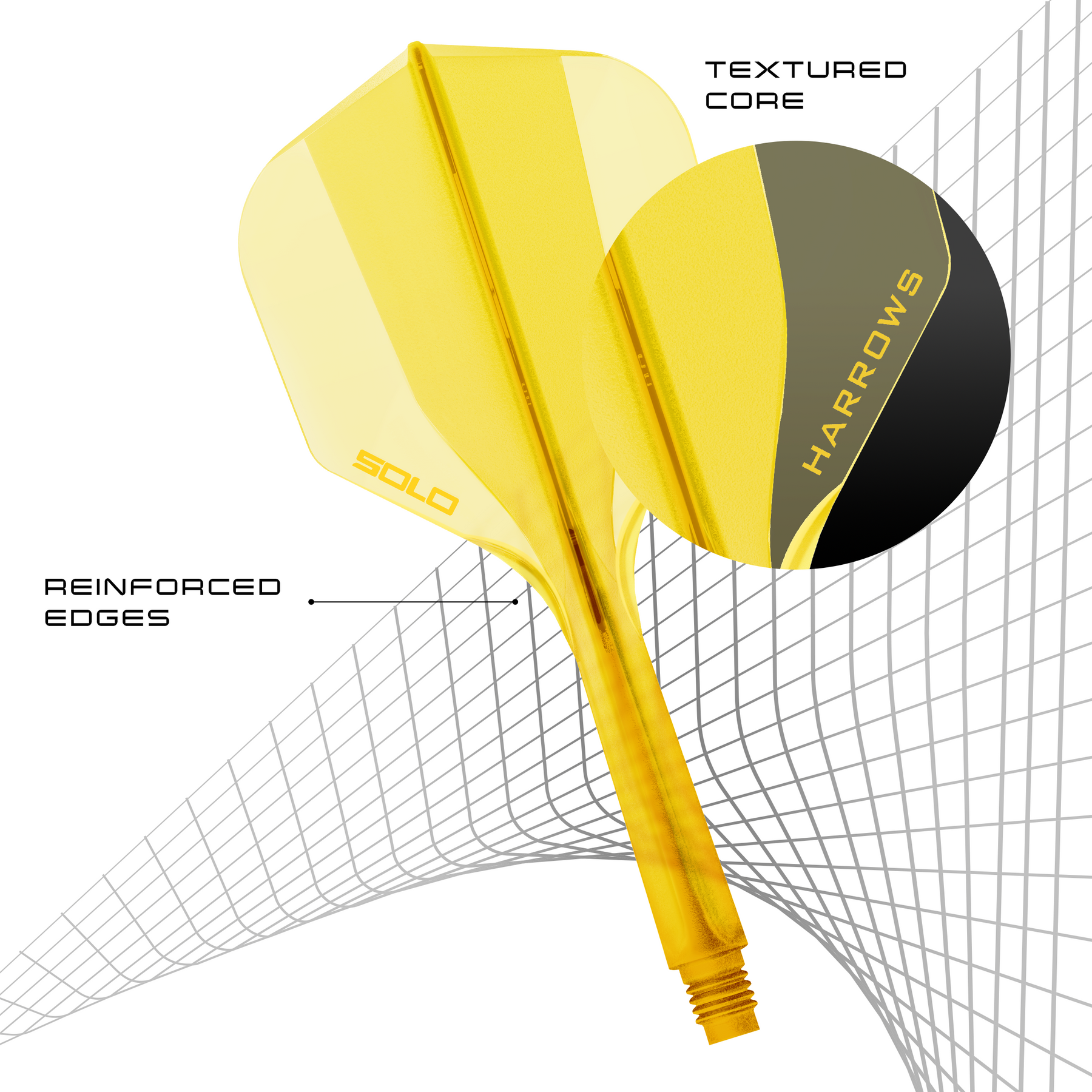 Yellow Harrows Solo integrated flight and shaft system with text highlighting features on a white background